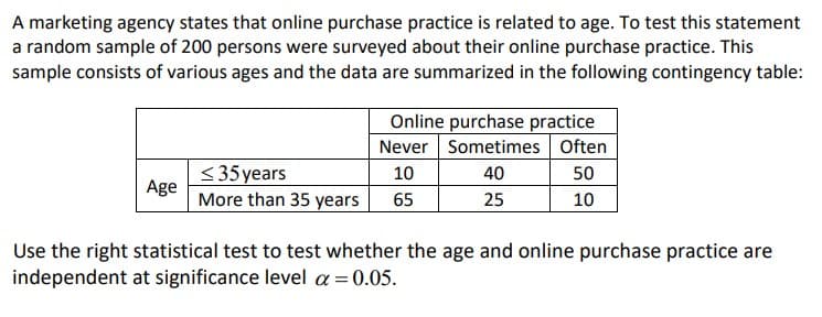 A marketing agency states that online purchase practice is related to age. To test this statement
a random sample of 200 persons were surveyed about their online purchase practice. This
sample consists of various ages and the data are summarized in the following contingency table:
Use the right
independent
Age
Online purchase practice
Never Sometimes Often
10
50
10
<35 years
More than 35 years 65
40
25
statistical test to test whether the age and online purchase practice are
at significance level a = 0.05.