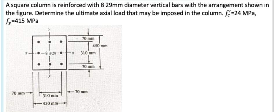 A square column is reinforced with 8 29mm diameter vertical bars with the arrangement shown in
the figure. Determine the ultimate axial load that may be imposed in the column. fc=24 MPa,
fy=415 MPa
70 mm
450 mm
x+-8 #29-
310 mm
70 mm
70 mm
70 mm
310 mm
450 mm
