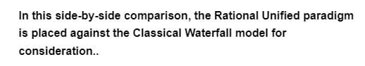 In this side-by-side comparison, the Rational Unified paradigm
is placed against the Classical Waterfall model for
consideration..