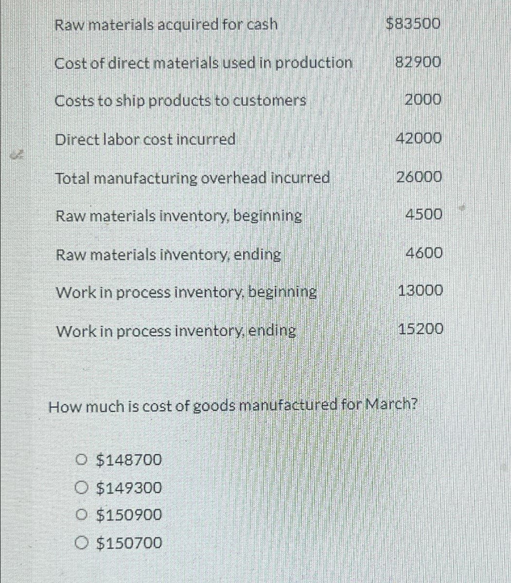 Raw materials acquired for cash
Cost of direct materials used in production
Costs to ship products to customers
Direct labor cost incurred
Total manufacturing overhead incurred
Raw materials inventory, beginning
Raw materials inventory, ending
Work in process inventory, beginning
Work in process inventory, ending
$83500
O $148700
O $149300
O $150900
O $150700
82900
2000
42000
26000
4500
4600
13000
15200
How much is cost of goods manufactured for March?