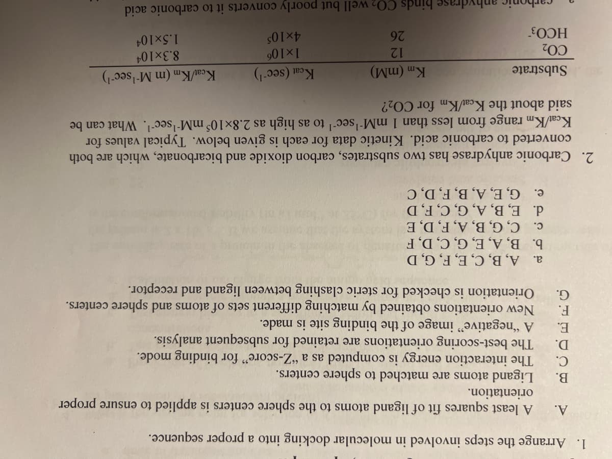1. Arrange the steps involved in molecular docking into a proper sequence.
A least squares fit of ligand atoms to the sphere centers is applied to ensure proper
orientation.
В.
A.
C.
Ligand atoms are matched to sphere centers.
The interaction energy is computed as a "Z-score" for binding mode.
The best-scoring orientations are retained for subsequent analysis.
A “negative" image of the binding site is made.
D.
Е.
F.
New orientations obtained by matching different sets of atoms and sphere centers.
G.
Orientation is checked for steric clashing between ligand and receptor.
a. A, B, C, E, F, G, D
b. B, A, E, G, C, D, F
d. E, B, A, G, C, F, D
e. G, E, A, B, F, D, C
2. Carbonic anhydrase has two substrates, carbon dioxide and bicarbonate, which are both
converted to carbonic acid. Kinetic data for each is given below. Typical values for
Kcat/Km range from less than 1 mM-'sec-l to as high as 2.8x10$ mM-'sec-'. What can be
said about the Kcat/Km for CO2?
Substrate
CO2
HCO3
Kca/Km (m M-'sec-)
8.3x104
1.5x104
Km (mM)
Keat (sec-!)
12
1x106
26
4x105
binds CO2 well but poorly converts it to carbonic acid
