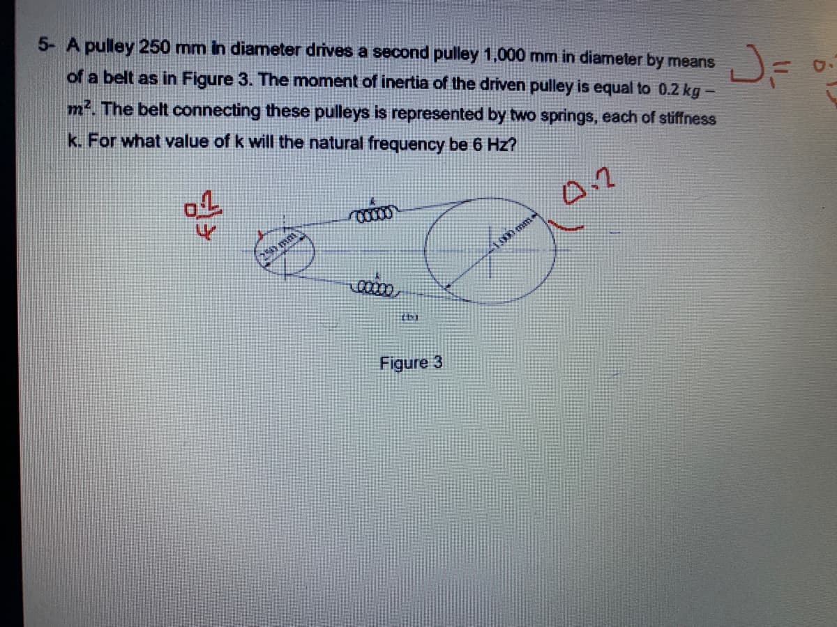5- A pulley 250 mm in diameter drives a second pulley 1,000 mm in diameter by means
of a belt as in Figure 3. The moment of inertia of the driven pulley is equal to 0.2 kg-
m2. The belt connecting these pulleys is represented by two springs, each of stiffness
JF
k. For what value of k will the natural frequency be 6 Hz?
of
0.2
CO000
100 mm
(h)
Figure 3
