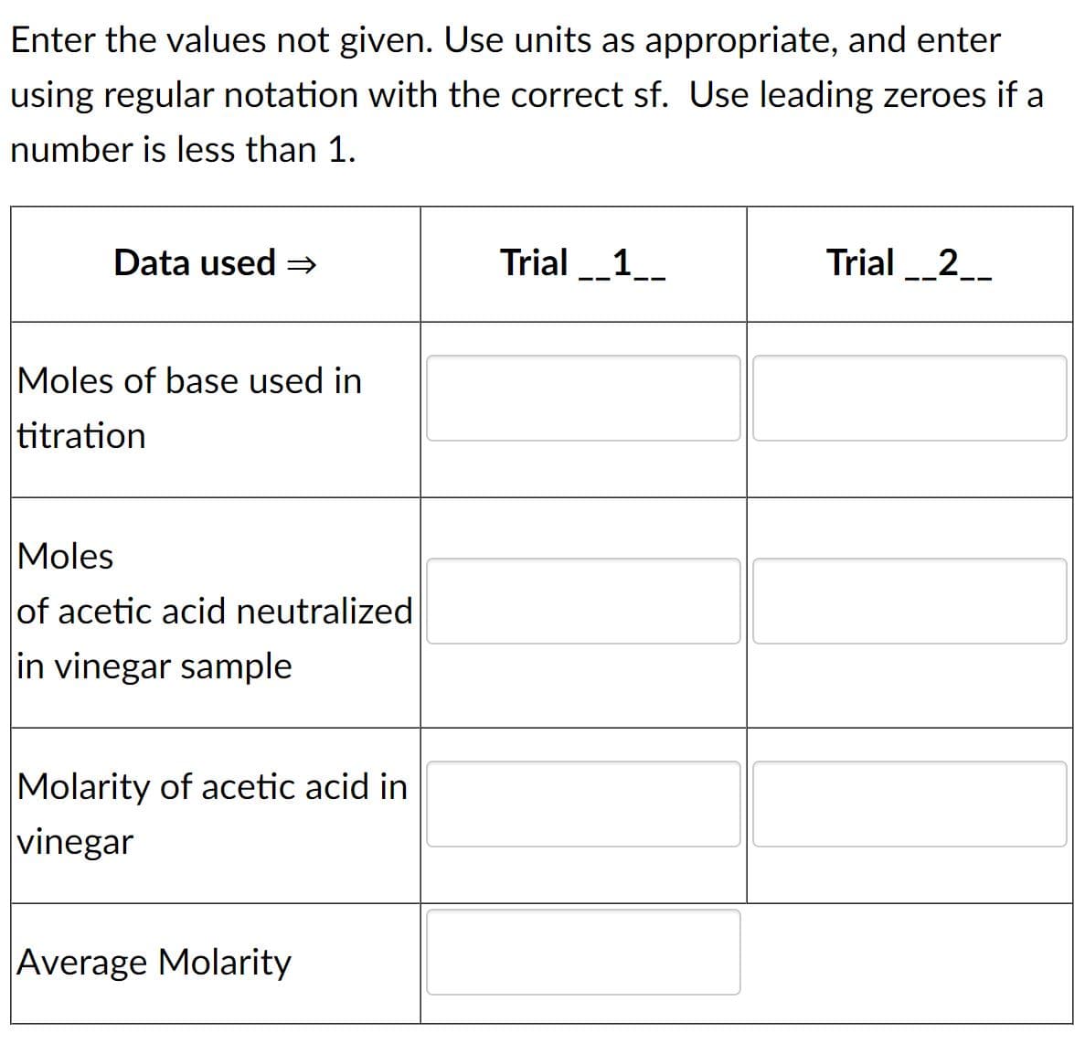 Enter the values not given. Use units as appropriate, and enter
using regular notation with the correct sf. Use leading zeroes if a
number is less than 1.
Data used =
Trial _1__
Trial _2__
Moles of base used in
titration
Moles
of acetic acid neutralized
in vinegar sample
Molarity of acetic acid in
vinegar
Average Molarity
