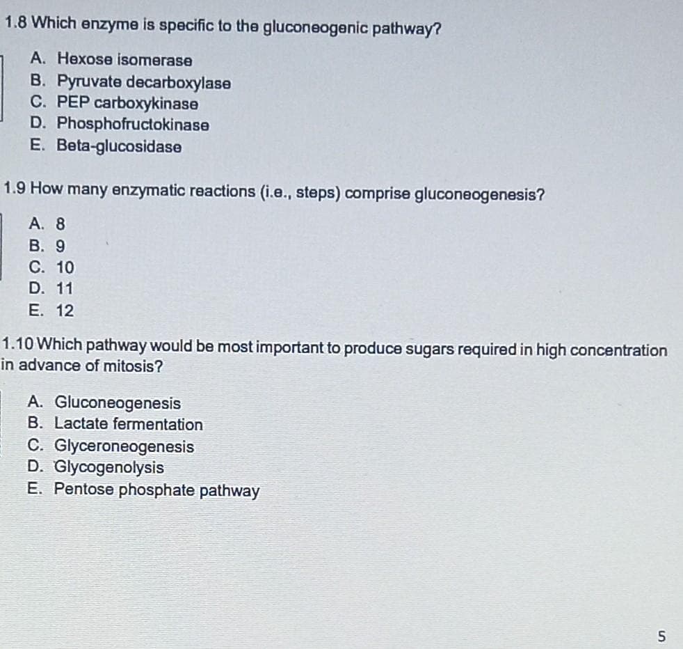 1.8 Which enzyme is specific to the gluconeogenic pathway?
A. Hexose isomerase
B. Pyruvate decarboxylase
C. PEP carboxykinase
D. Phosphofructokinase
E. Beta-glucosidase
1.9 How many enzymatic reactions (i.e., steps) comprise gluconeogenesis?
A. 8
B. 9
C. 10
D. 11
E. 12
1.10 Which pathway would be most important to produce sugars required in high concentration
in advance of mitosis?
A. Gluconeogenesis
B. Lactate fermentation
C. Glyceroneogenesis
D. Glycogenolysis
E. Pentose phosphate pathway
5