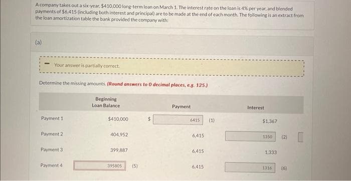 A company takes out a six-year, $410,000 long-term loan on March 1. The interest rate on the loan is 4% per year, and blended
payments of $6,415 (including both interest and principal) are to be made at the end of each month. The following is an extract from
the loan amortization table the bank provided the company with:
(a)
-Your answer is partially correct.
Determine the missing amounts. (Round answers to 0 decimal places, e.g. 125.)
Payment 11
Payment 2
Payment 3:
Payment 4
Beginning
Loan Balance
$410,000
404,952
399,887
395805 (5)
Payment
6415
6,415
6,415
6,415
(1)
Interest
$1,367
1350
1,333
1316
(2)
(6)