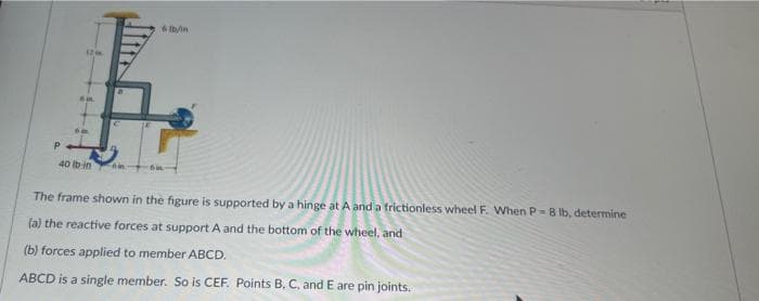 P
40 lb-in
Fin
6 lb/in
The frame shown in the figure is supported by a hinge at A and a frictionless wheel F. When P = 8 lb, determine
(a) the reactive forces at support A and the bottom of the wheel, and
(b) forces applied to member ABCD.
ABCD is a single member. So is CEF. Points B, C, and E are pin joints.