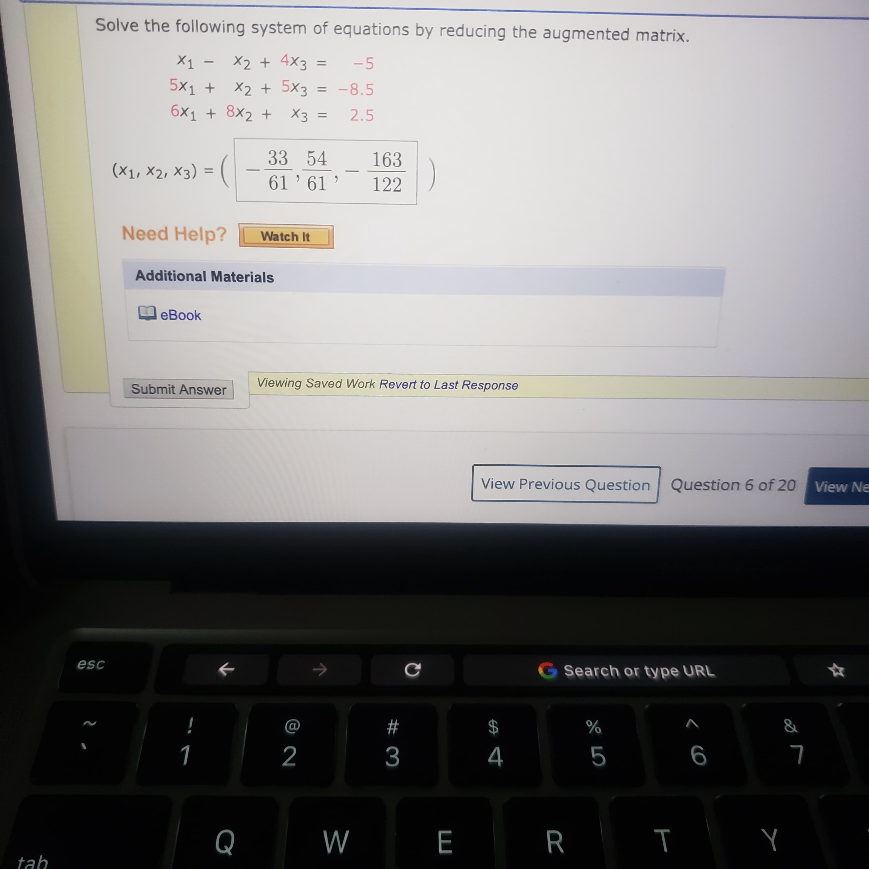 Solve the following system of equations by reducing the augmented matrix.
X1 - X2 + 4x3 =
5x1 +
%3D
-5
X2 + 5x3
6x1 + 8x2 +
= -8.5
X3 =
2.5
%3D
