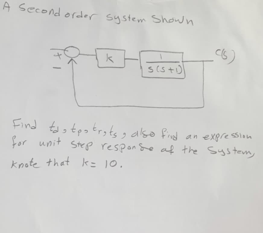 A second order system Shown
-
Find tso tpotrytsg also find an expression
for unit Step respon Se af the Sys tem,
knote that k= 10,
