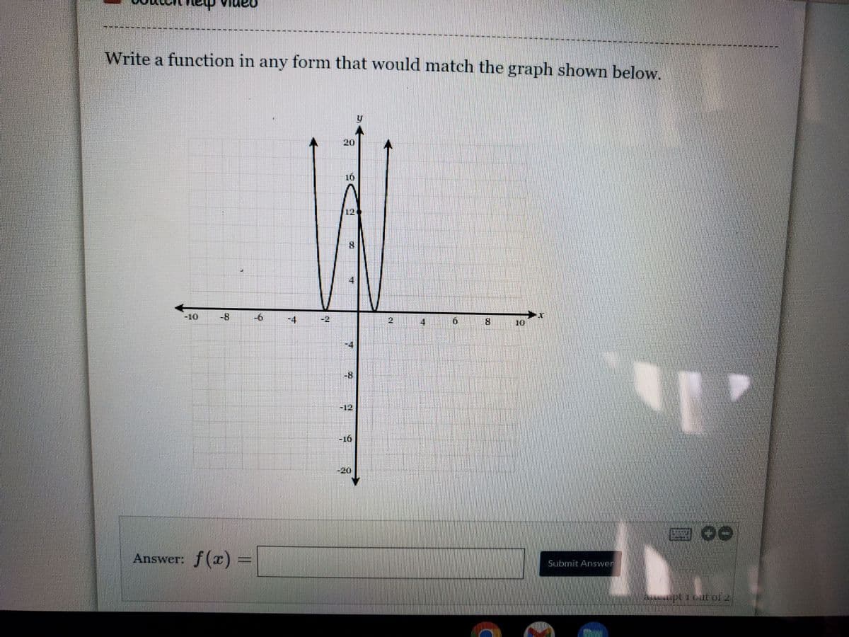 Write a function in any form that would match the graph shown below.
Answer: f(x) =
X
16
#
-16
6
(THEMENE
14
Submit Answer
T
OO
cut of 2.