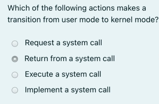 Which of the following actions makes a
transition from user mode to kernel mode?
Request a system call
Return from a system call
Execute a system call
Implement a system call
