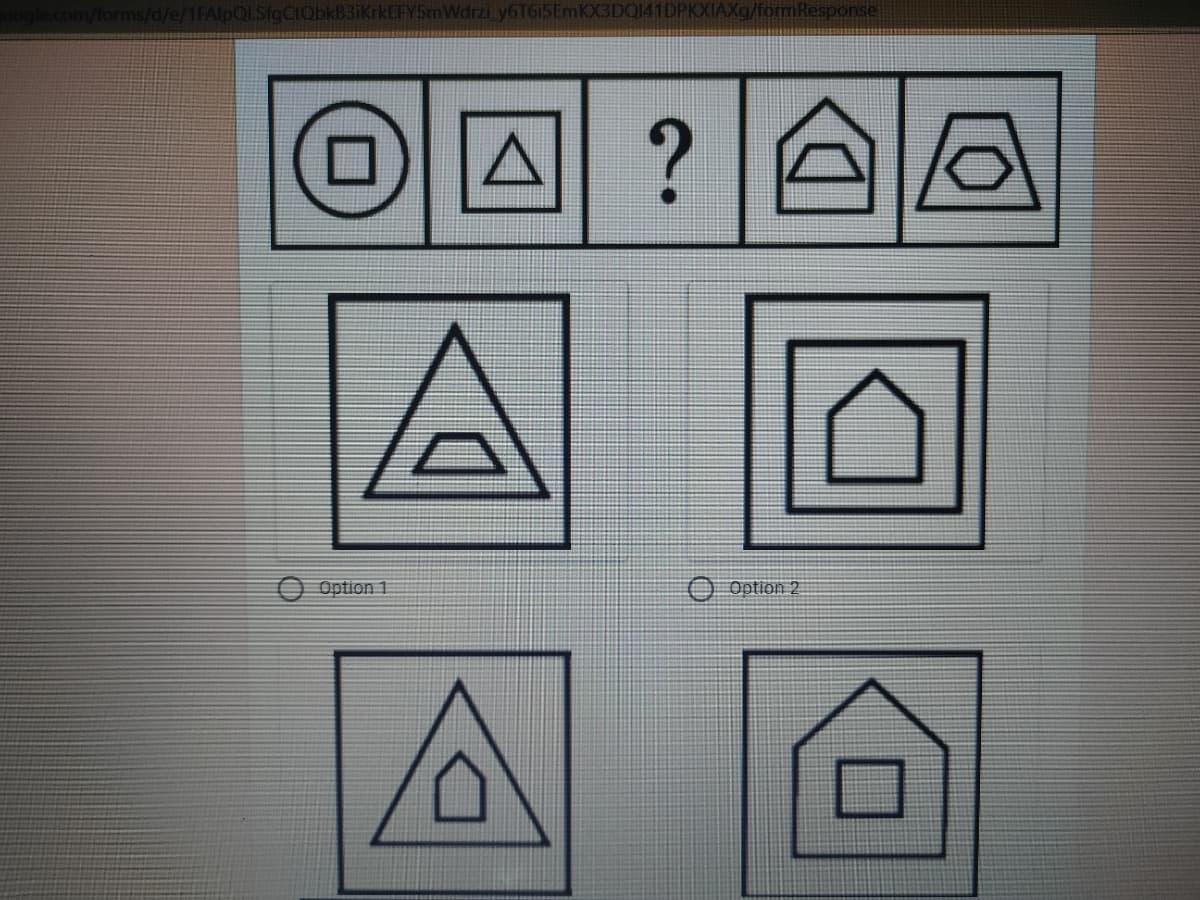 com/forms/d/e/1FAlpQLSfgCIObkB3iKrkEFY5mWdrzi y6T6i5EmKX3DQ141DPKXIAXg/formResponse
OA ?
A
O Option 1
Option 2
