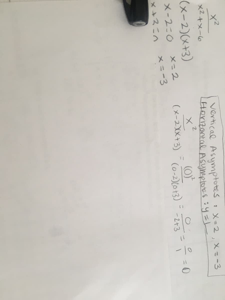 vertical Asymptotes
Horizontal Ašymptoes :y=L
×2+メー
(x-2)(x+3)
(メー2XX+3)(o-2)(013)
은 =0
X=2
こ
メ-2:0
×+スこへ
-2+3
メニ-3
