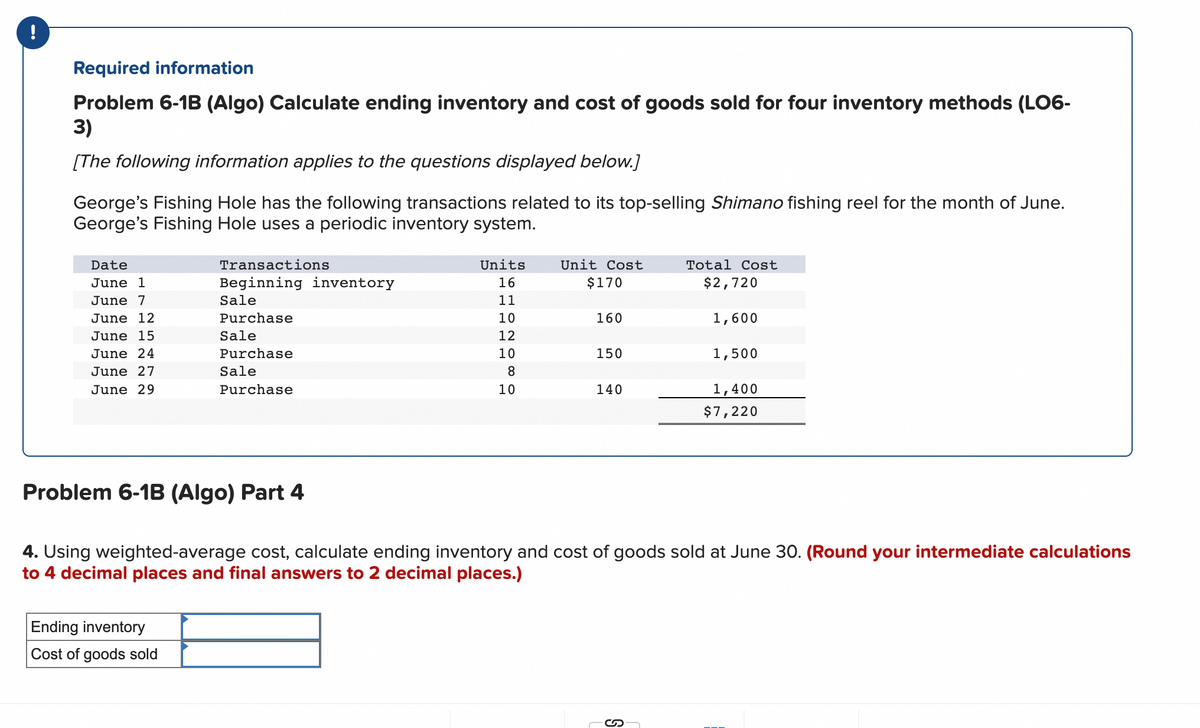 !
Required information
Problem 6-1B (Algo) Calculate ending inventory and cost of goods sold for four inventory methods (LO6-
3)
[The following information applies to the questions displayed below.]
George's Fishing Hole has the following transactions related to its top-selling Shimano fishing reel for the month of June.
George's Fishing Hole uses a periodic inventory system.
Date
June 1
June 7
June 12
June 15
June 24
June 27
June 29
Transactions
Beginning inventory
Sale
Purchase
Sale
Purchase
Sale
Purchase
Problem 6-1B (Algo) Part 4
Ending inventory
Cost of goods sold
Units
16
11
10
12
10
8
10
Unit Cost
$170
160
150
140
Total Cost
$2,720
1,600
S
1,500
4. Using weighted-average cost, calculate ending inventory and cost of goods sold at June 30. (Round your intermediate calculations
to 4 decimal places and final answers to 2 decimal places.)
1,400
$7,220