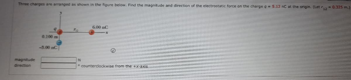 Three charges are arranged as shown in the figure below. Find the magnitude and direction of the electrostatic force on the charge q =5.12 nC at the origin. (Letr, - 0.325 m.)
6,00 nC
0.100 m
-3.00 nC
magnitude
direction
counterciockwise from the +x-axis
