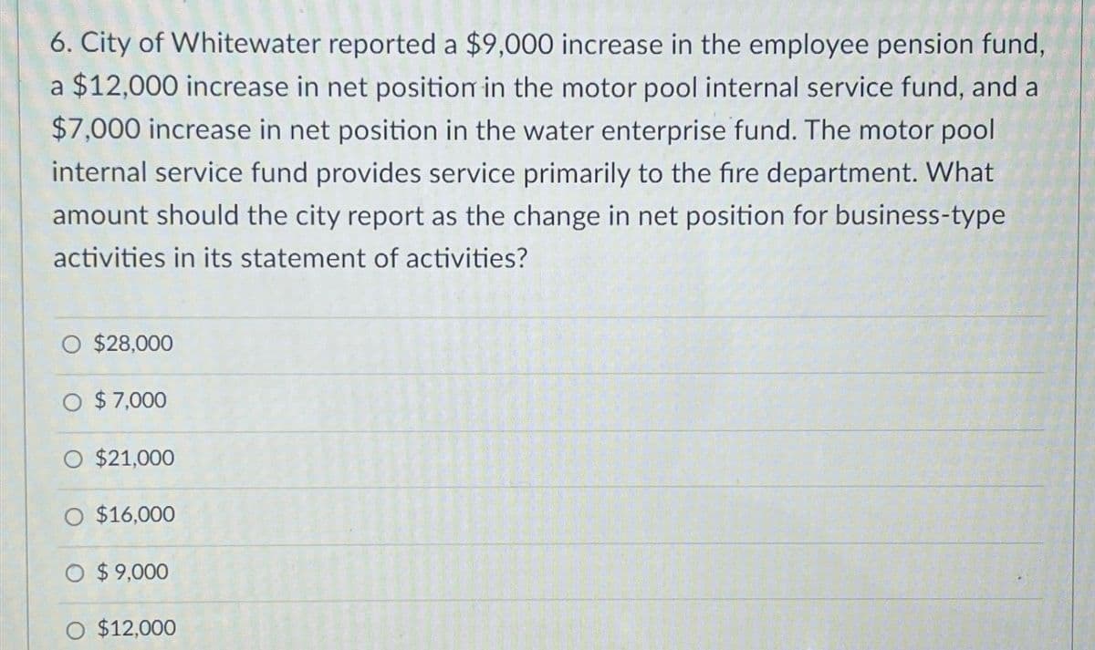 6. City of Whitewater reported a $9,000 increase in the employee pension fund,
a $12,000 increase in net position in the motor pool internal service fund, and a
$7,000 increase in net position in the water enterprise fund. The motor pool
internal service fund provides service primarily to the fire department. What
amount should the city report as the change in net position for business-type
activities in its statement of activities?
O $28,000
$7,000
O $21,000
O $16,000
O $9,000
$12,000