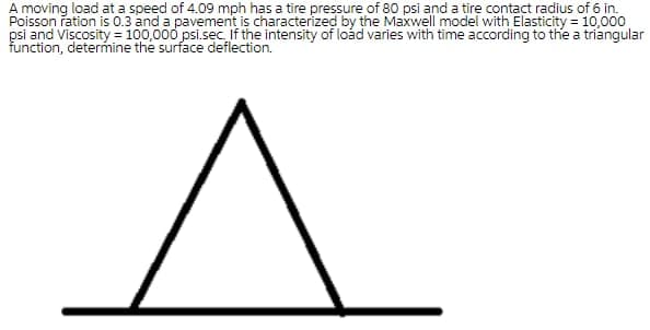 A moving load at a speed of 4.09 mph hạs a tire pressure of 80 psi and a tire contact radius of 6 in.
psi and Viscosity = 100,000 psi.sec If the intensity of load varies with time according to the a triangular
function, determine the surface deflection.
