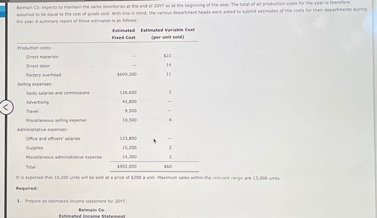 <
Belmain Co. expects to maintain the same inventories at the end of 20Y7 as at the beginning of the year. The total of all production costs for the year is therefore
assumed to be equal to the cost of goods sold. With this in mind, the various department heads were asked to submit estimates of the costs for their departments during
the year. A summary report of these estimates is as follows:
Production costs:
Direct materials.
Direct labor
Factory overhead
Selling expenses:
Sales salaries and commissions
Advertising
Travel
Miscellaneous selling expense
Administrative expenses:
Office and officers' salaries
Supplies
Miscellaneous administrative expense
Estimated Estimated Variable Cost
Fixed Cost
(per unit sold)
Total
$609,300
126,600
42,800
9,500
10,500
123,800
15,200
14,300
$952,000
It is expected that 10,200 units will be sold at a price of $200 a unit. Maximum sales within the relevant range are 13,000 units.
Required:
$22
14
11
1. Prepare an estimated income statement for 2017.
Belmain Co.
Estimated Income Statement
5
2
2
$60