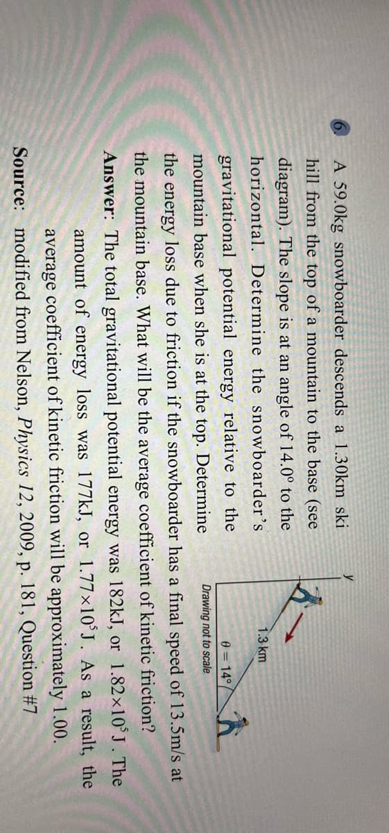 6.
A 59.0kg snowboarder descends a 1.30km ski
y
hill from the top of a mountain to the base (see
diagram). The slope is at an angle of 14.0° to the
horizontal. Determine the snowboarder's
1.3 km
gravitational potential energy relative to the
0 = 14°
mountain base when she is at the top. Determine
Drawing not to scale
the energy loss due to friction if the snowboarder has a final speed of 13.5m/s at
the mountain base. What will be the average coefficient of kinetic friction?
Answer: The total gravitational potential energy was 182kJ, or 1.82×10°J.The
amount of energy loss was 177kJ, or 1.77×10'J. As a result, the
average coefficient of kinetic friction will be approximately 1.00.
Source: modified from Nelson, Physics 12, 2009, p. 181, Question #7
