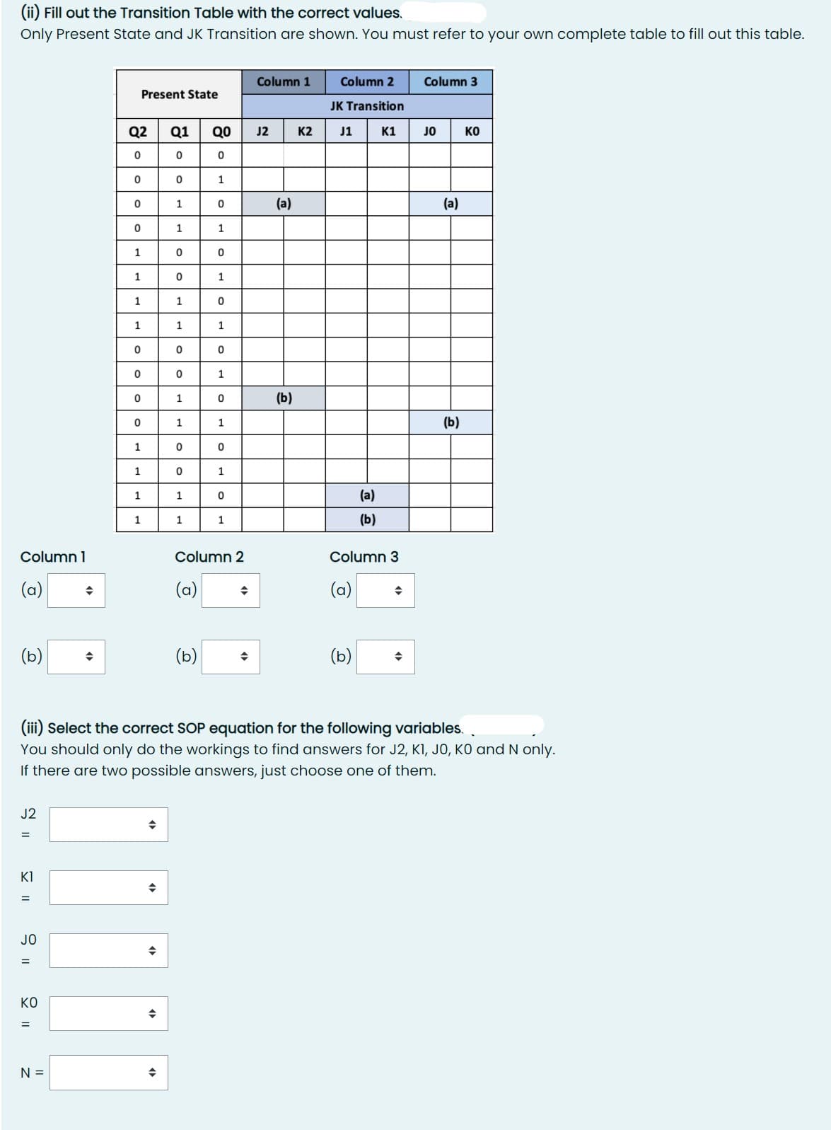 (ii) Fill out the Transition Table with the correct values.
Only Present State and JK Transition are shown. You must refer to your own complete table to fill out this table.
Column 1
Column 2
Column 3
Present State
JK Transition
Q2
Q1
Q0
J2
K2
J1
K1
JO
ко
1
1
(a)
(a)
1
1
1
1
1
1
1
1
1
(b)
1
1
(b)
1
1
1
1
1
(a)
1
1
1
(b)
Column 1
Column 2
Column 3
(a)
(a)
(a)
(b)
(b)
(ь)
(iii) Select the correct SOP equation for the following variables.
You should only do the workings to find answers for J2, KI, JO, KO and N only.
If there are two possible answers, just choose one of them.
J2
KI
%3D
JO
KO
N =
