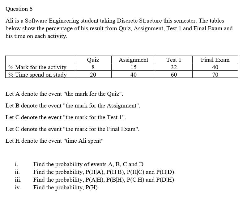 Question 6
Ali is a Software Engineering student taking Discrete Structure this semester. The tables
below show the percentage of his result from Quiz, Assignment, Test 1 and Final Exam and
his time on each activity.
Quiz
Assignment
Test 1
Final Exam
% Mark for the activity
% Time spend on study
8
15
32
40
20
40
60
70
Let A denote the event "the mark for the Quiz".
Let B denote the event "the mark for the Assignment".
Let C denote the event "the mark for the Test 1".
Let C denote the event "the mark for the Final Exam".
Let H denote the event "time Ali spent"
i.
Find the probability of events A, B, C and D
Find the probability, P(HỊA), P(H|B), P(H|C) and P(H|D)
Find the probability, P(A|H), P(B|H), P(CH) and P(D|H)
Find the probability, P(H)
ii.
iii.
iv.
