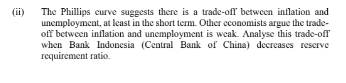 (ii)
The Phillips curve suggests there is a trade-off between inflation and
unemployment, at least in the short term. Other economists argue the trade-
off between inflation and unemployment is weak. Analyse this trade-off
when Bank Indonesia (Central Bank of China) decreases reserve
requirement ratio.
