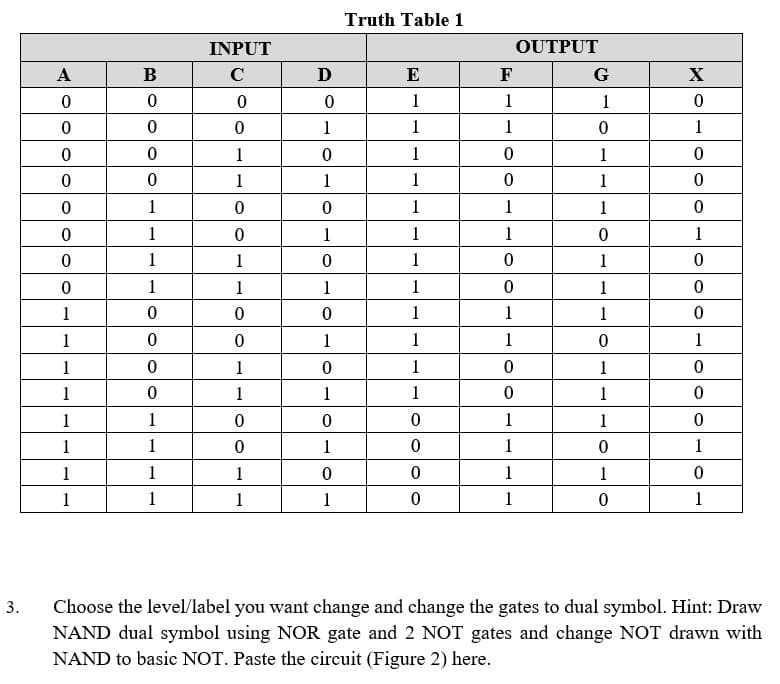 Truth Table 1
INPUT
OUTPUT
A
B
C
D
E
F
G
1
1
1
1
1
1
1
1
1
1
1
1
1
1
1
1
1
1
1
1
1
1
1
1
1
1
1
1
1
1
1
1
1
1
1
1
1
1
1
1
1
1
1
1
1
1
1
1
1
1
1
1
1
1
1
1
1
1
1
1
1
1
1
1
1
1
1
1
1
1
Choose the level/label you want change and change the gates to dual symbol. Hint: Draw
NAND dual symbol using NOR gate and 2 NOT gates and change NOT drawn with
NAND to basic NOT. Paste the circuit (Figure 2) here.
3.
