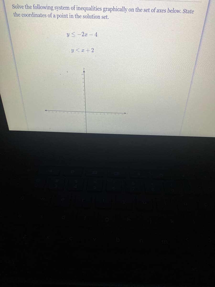 Solve the following system of inequalities graphically on the set of axes below. State
the coordinates of a point in the solution set.
y <-2x -4
y<x +2
