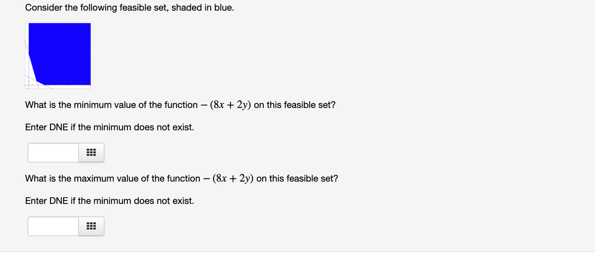 Consider the following feasible set, shaded in blue.
What is the minimum value of the function – (8x + 2y) on this feasible set?
Enter DNE if the minimum does not exist.
What is the maximum value of the function – (8x + 2y) on this feasible set?
Enter DNE if the minimum does not exist.
