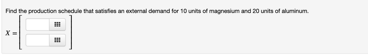 Find the production schedule that satisfies an external demand for 10 units of magnesium and 20 units of aluminum.
X =
