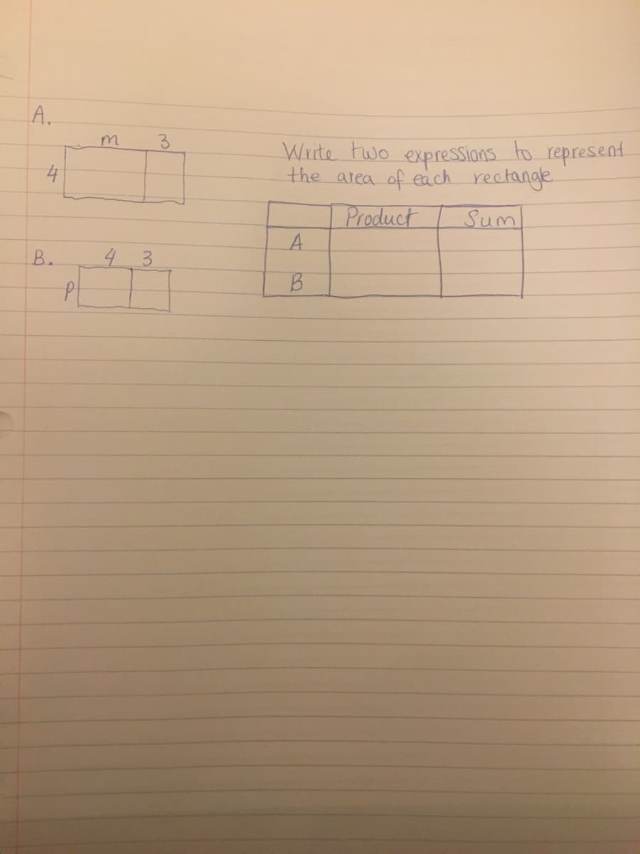 A.
4
B.
P
m
4 3
3
Write two
to
expressions
the area of each rectangle
Product
Sum
A
B
represent