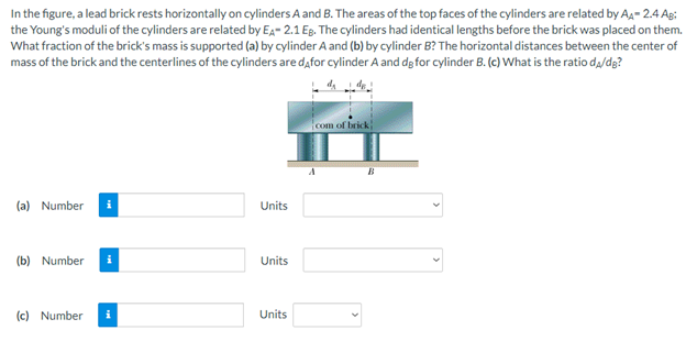 In the figure, a lead brick rests horizontally on cylinders A and B. The areas of the top faces of the cylinders are related by A- 2.4 Ag:
the Young's moduli of the cylinders are related by EA- 2.1 Eg. The cylinders had identical lengths before the brick was placed on them.
What fraction of the brick's mass is supported (a) by cylinder A and (b) by cylinder B? The horizontal distances between the center of
mass of the brick and the centerlines of the cylinders are dafor cylinder A and dg for cylinder B. (c) What is the ratio da/dg?
com of brick
(a) Number i
Units
(b) Number
Units
(c) Number
Units
