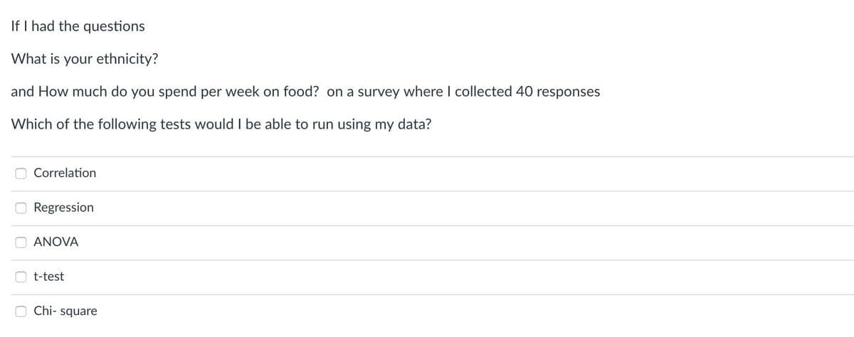 If I had the questions
What is your ethnicity?
and How much do you spend per week on food? on a survey where I collected 40 responses
Which of the following tests would I be able to run using my data?
Correlation
Regression
ANOVA
t-test
Chi- square
