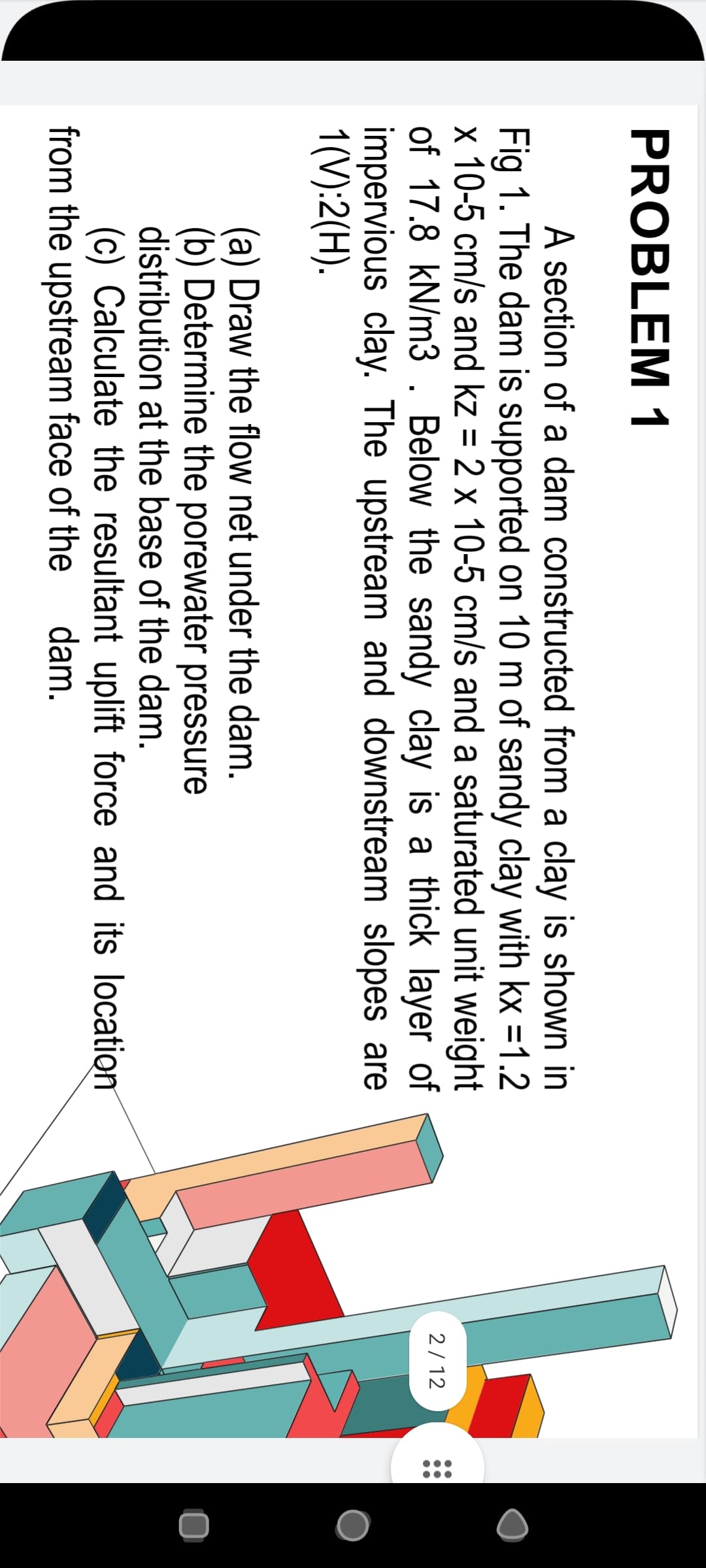 PROBLEM 1
A section of a dam constructed from a clay is shown in
Fig 1. The dam is supported on 10 m of sandy clay with kx =1.2
x 10-5 cm/s and kz = 2 x 10-5 cm/s and a saturated unit weight
of 17.8 kN/m3. Below the sandy clay is a thick layer of
impervious clay. The upstream and downstream slopes are
1(V):2(H).
2/ 12
(a) Draw the flow net under the dam.
(b) Determine the porewater pressure
distribution at the base of the dam.
(c) Calculate the resultant uplift force and its location
from the upstream face of the
dam.
