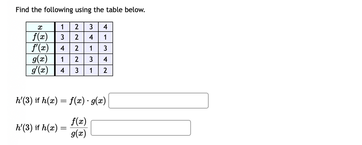 Find the following using the table below.
1
X
f(x) 3
~~~~
2 3 4
h'(3) if h(x) =
=
f'(x) 4
g(x) 1
g'(x) 4 3 1
2
4 1
+
2
-3
1 3
AW
3
4
h'(3) if h(x) = f(x) · g(x)
f(x)
g(x)