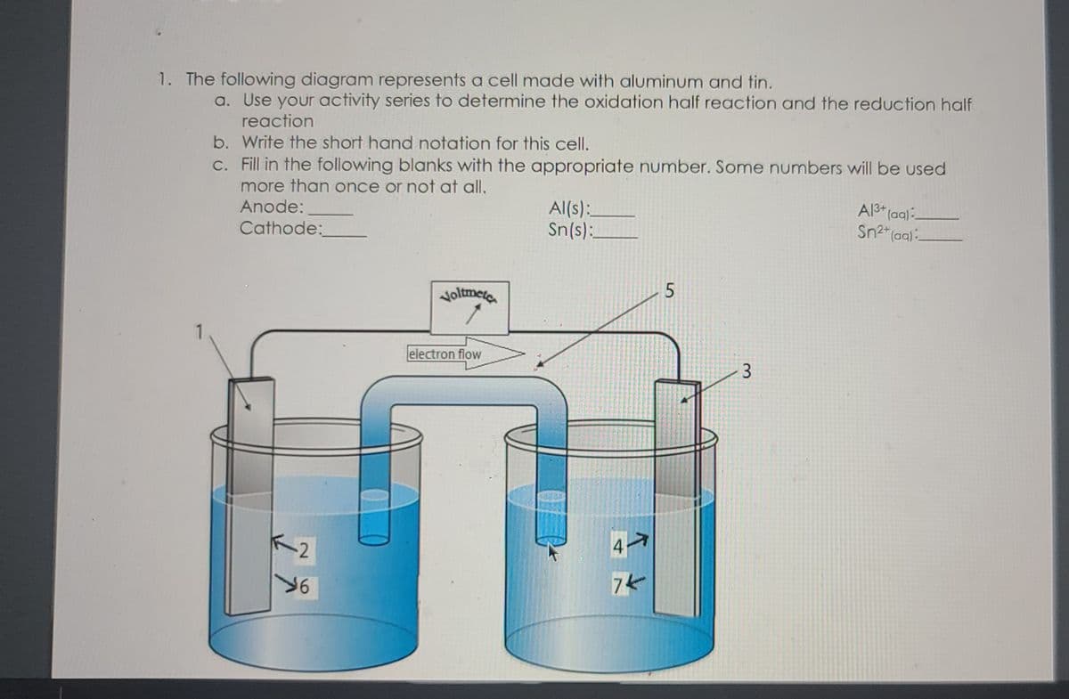 1. The following diagram represents a cell made with aluminum and tin.
a. Use your activity series to determine the oxidation half reaction and the reduction half
reaction
b. Write the short hand notation for this cell.
C. Fill in the following blanks with the appropriate number. Some numbers will be used
more than once or not at all.
Anode:
Al(s):
Sn(s):
A13* (ag)
Sn2* (ag)
Cathode:
voltmete
1
electron flow
3
2
4
91
