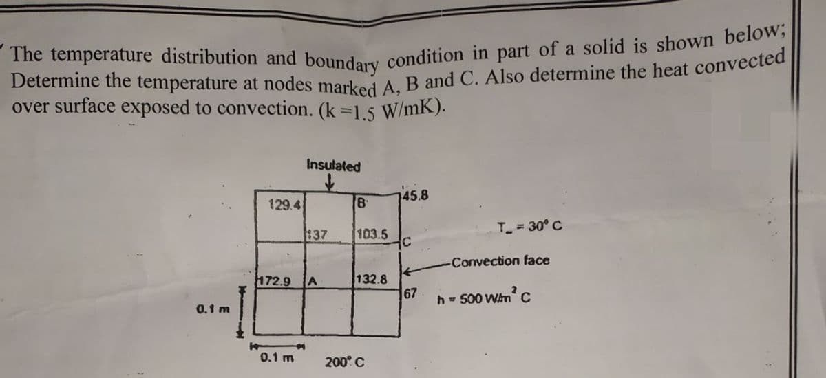 The temperature distribution and boundary
condition in part of a solid is shown below;
over surface exposed to convection. (k =1.5 W/mK).
Insulated
45.8
129.4
103.5
T 30° C
$37
-Convection face
132.8
67
172.9
A
h- 500 Win C
0.1 m
0.1 m
200° C
