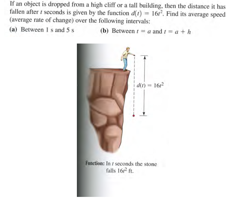 If an object is dropped from a high cliff or a tall building, then the distance it has
fallen after t seconds is given by the function d(t) = 161². Find its average speed
(average rate of change) over the following intervals:
(a) Between 1 s and 5 s
(b) Between t = a and t = a + h
d(t) = 1612
Function: In t seconds the stone
falls 1612 ft.
