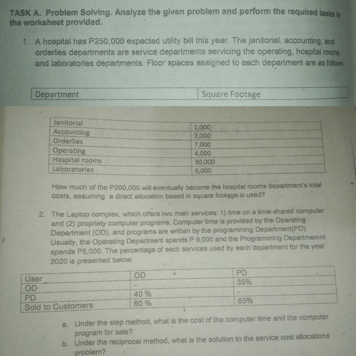 TASK A. Problem Solving. Analyze the given problem and perform the required tasks in
the worksheet provided.
1. A hospital has P250,000 expected utility bill this year. The janitorial, accounting, and
orderlies departments are service departments servicing the operating, hospital rooms,
and laboratories departments. Floor spaces assigned to each department are as follows
Department
Square Footage
Janitorial
Accounting
Orderlies
1,000
2,000
7,000
Operating
Hospital rooms
Laboratories
4,000
30,000
6,000
How much of the P200,000 will eventually become the hospital rooms department's total
costs, assuming a direct allocation based in square footage is used?
2. The Laptop complex, which offers two main services: 1) time on a time-shared computer
and (2) propriety computer programs. Computer time is provided by the Operating
Department (OD), and programs are written by the programming Department(PD).
Usually, the Operating Department spends P 9,000 and the Programming Departmemnt
spends P5,000. The percentage of each services used by each department for the year
2020 is presented below.
PD
OD
User
OD
35%
40%
60 %
PD
65%
Sold to Customers
a. Under the step method, what is the cost of the computer time and the computer
program for sale?
b. Under the reciprocal method, what is the solution to the service cost allocations
problem?
