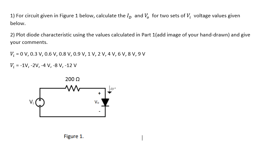 1) For circuit given in Figure 1 below, calculate the I, and V, for two sets of V; voltage values given
below.
2) Plot diode characteristic using the values calculated in Part 1(add image of your hand-drawn) and give
your comments.
V; = 0 V, 0.3 V, 0.6 V, 0.8 V, 0.9 V, 1 V, 2 V, 4 V, 6 V, 8 V, 9 V
V; = -1V, -2V, -4 V, -8 V, -12 V
200 0
Vị
Vo
Figure 1.
|
