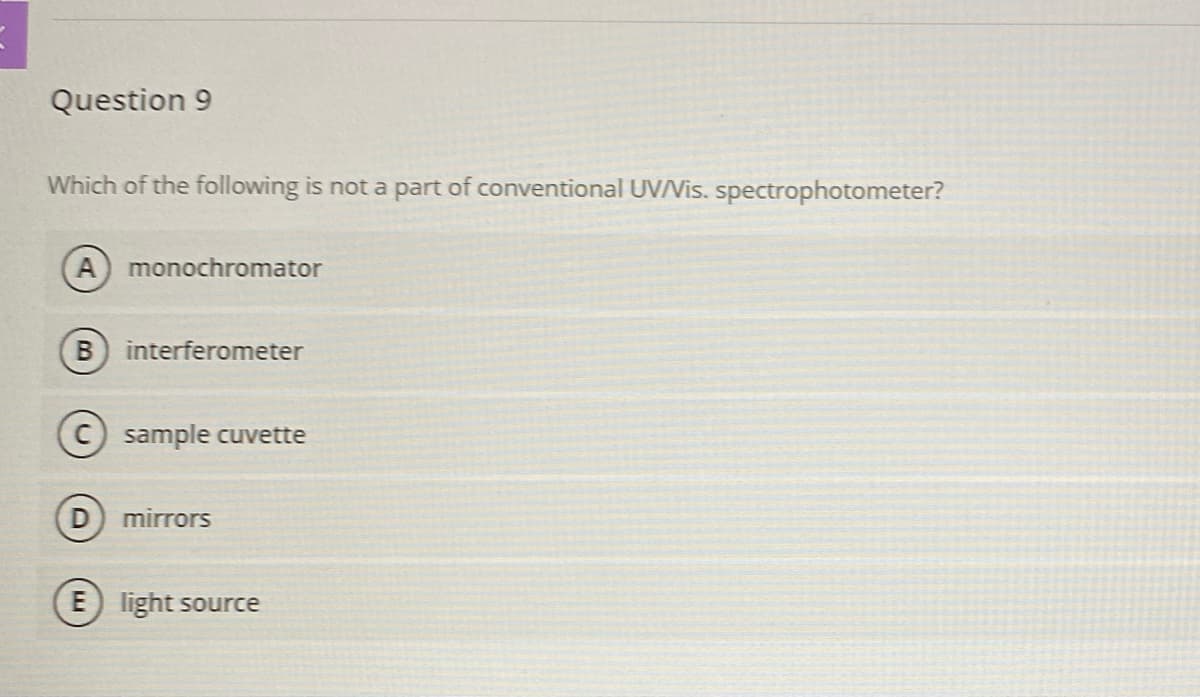 Question 9
Which of the following is not a part of conventional UV/Vis. spectrophotometer?
monochromator
interferometer
C sample cuvette
D) mirrors
E) light source
