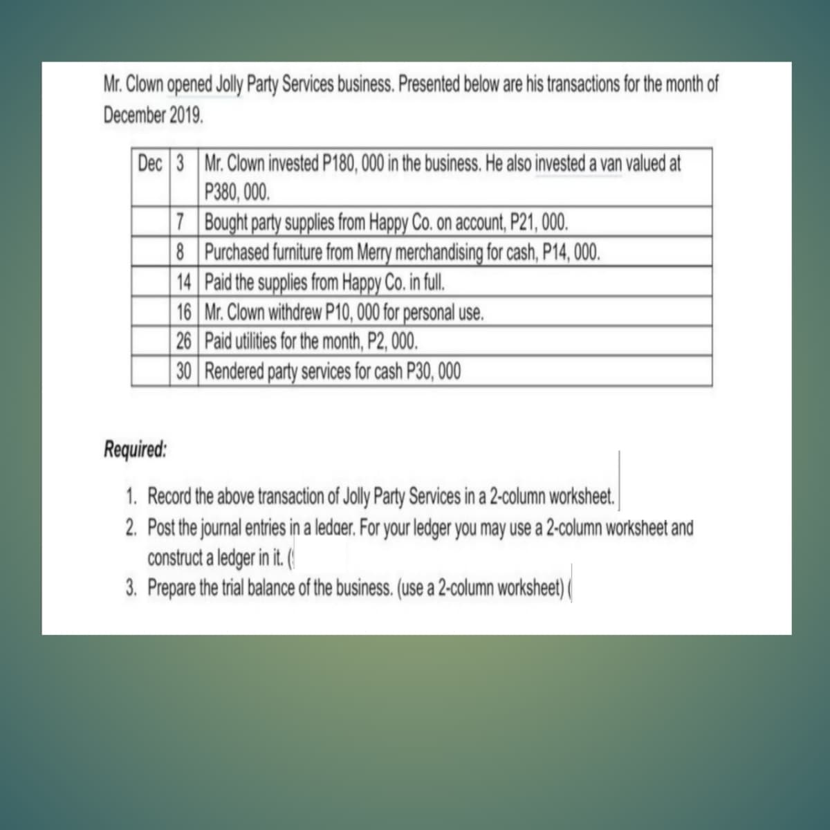 Mr. Clown opened Jolly Party Services business. Presented below are his transactions for the month of
December 2019.
Dec 3 Mr. Clown invested P180, 000 in the business. He also invested a van valued at
P380, 000.
7 Bought party supplies from Happy Co. on account, P21, 000.
8 Purchased furniture from Merry merchandising for cash, P14, 000.
14 Paid the supplies from Happy Co. in fll.
16 Mr. Clown withdrew P10, 000 for personal use.
26 Paid utilities fr the month, P2, 000.
30 Rendered party services for cash P30, 000
Required:
1. Record the above transaction of Jolly Party Services in a 2-column worksheet.
2. Post the journal entries in a ledaer. For your ledger you may use a 2-column worksheet and
construct a ledger in it. (
3. Prepare the trial balance of the business. (use a 2-column worksheet) (
