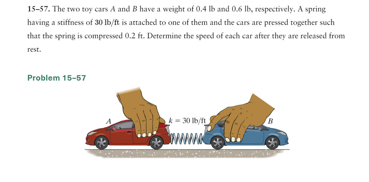 15-57. The two toy cars A and B have a weight of 0.4 lb and 0.6 lb, respectively. A spring
having a stiffness of 30 lb/ft is attached to one of them and the cars are pressed together such
that the spring is compressed 0.2 ft. Determine the speed of each car after they are released from
rest.
Problem 15-57
A
k= 30 lb/ft
B