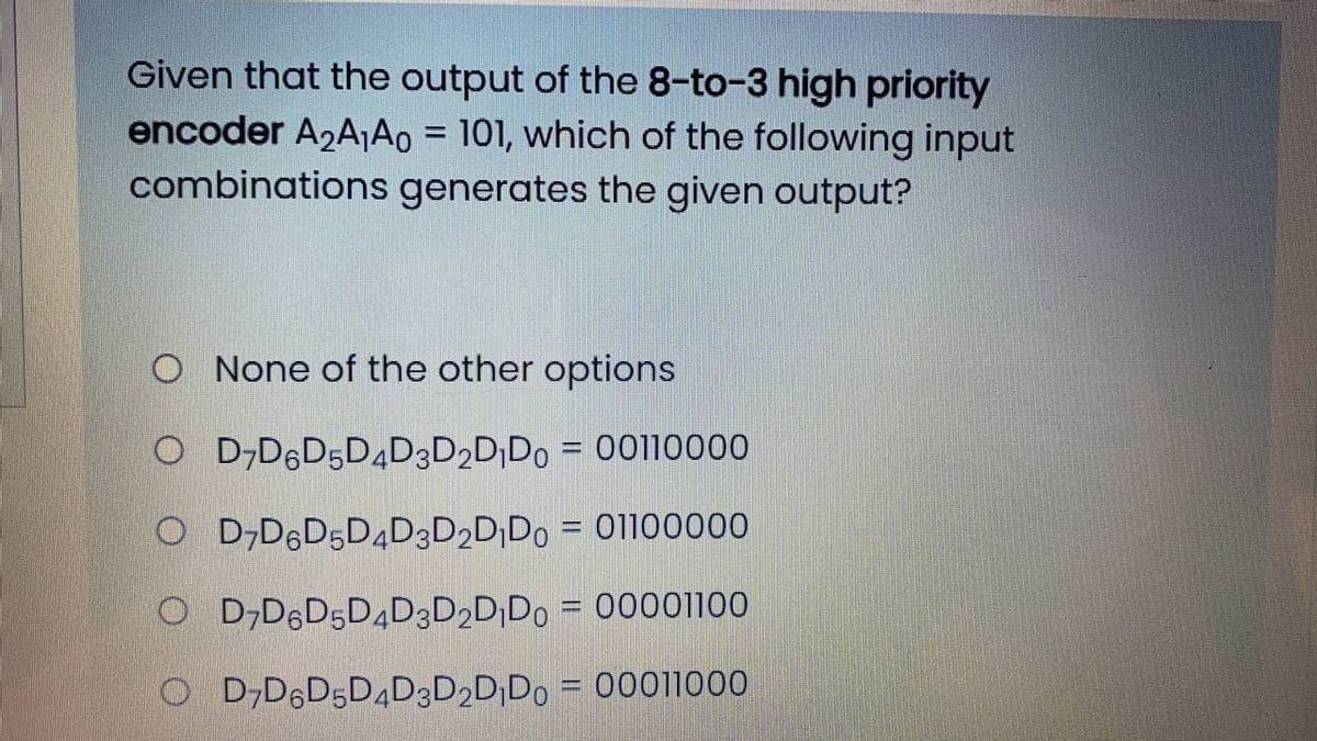 Given that the output of the 8-to-3 high priority
encoder A2A1A0 = 101, which of the following input
combinations generates the given output?
%3D
O None of the other options
O D,D6D5DĄD3D2D;Do = 00110000
O D,D6D5D4D3D»D¡Do = 01100000
O D,DED5D4D3D2D;Do = 00001100
O D,D6D5D4D3D2D;Do = 00011000
