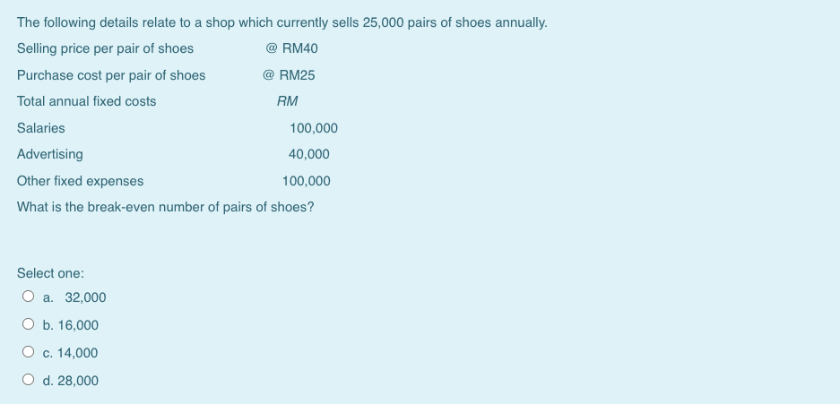 The following details relate to a shop which currently sells 25,000 pairs of shoes annually.
Selling price per pair of shoes
@ RM40
Purchase cost per pair of shoes
@ RM25
Total annual fixed costs
RM
Salaries
100,000
Advertising
40,000
Other fixed expenses
100,000
What is the break-even number of pairs of shoes?
Select one:
О а. 32,000
O b. 16,000
О с. 14,000
O d. 28,000
