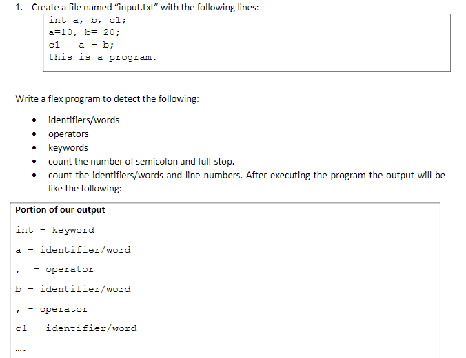 1. Create a file named "input.txt" with the following lines:
int a, b, cl;
a=10, b= 20;
c1 = a + b;
this is a program.
Write a flex program to detect the following:
identifiers/words
operators
keywords
count the number of semicolon and full-stop.
count the identifiers/words and line numbers. After executing the program the output will be
like the following:
Portion of our output
int
keyword
a
identifier/word
- operator
b
identifier/word
operator
c1
identifier/word
...
