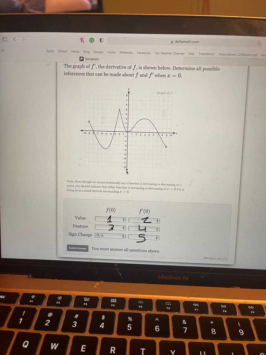 A deltamath.com
The Weather Channel Yelp
TripAdvisor https://www..20Report.pdf Net
Apple iCloud Yahoo Bing Google Home Wikipedia Facebook
E DeltaMath
The graph of f', the derivative of f, is shown below. Determine all possible
inferences that can be made about f and f' when x = 0.
Graph of f"
-10 -9 -A -7 -6 -5 -4 3 -2 -1
23 4 5 6 7 8 9 10
-1
-2
-3
-4
-5
-6
Note: Even though we cannot technically say a function is increasing or decreasing at a
point, you should indicate that either function is increasing or decreasing at z = 0 if it is
doing so in a small interval surrounding z = 0.
f(0)
f'(0)
Value
Feature
Sign Change N/A
Submit Answer
You must answer all questions above.
attempt 2 out of 2
MacBook Air
esc
80
000
DII
DD
F1
F2
F3
F4
F5
F6
F7
F8
F9
@
#
$
&
一
1
2
3
4
6.
Q
W
E
Y
* C0
※口
