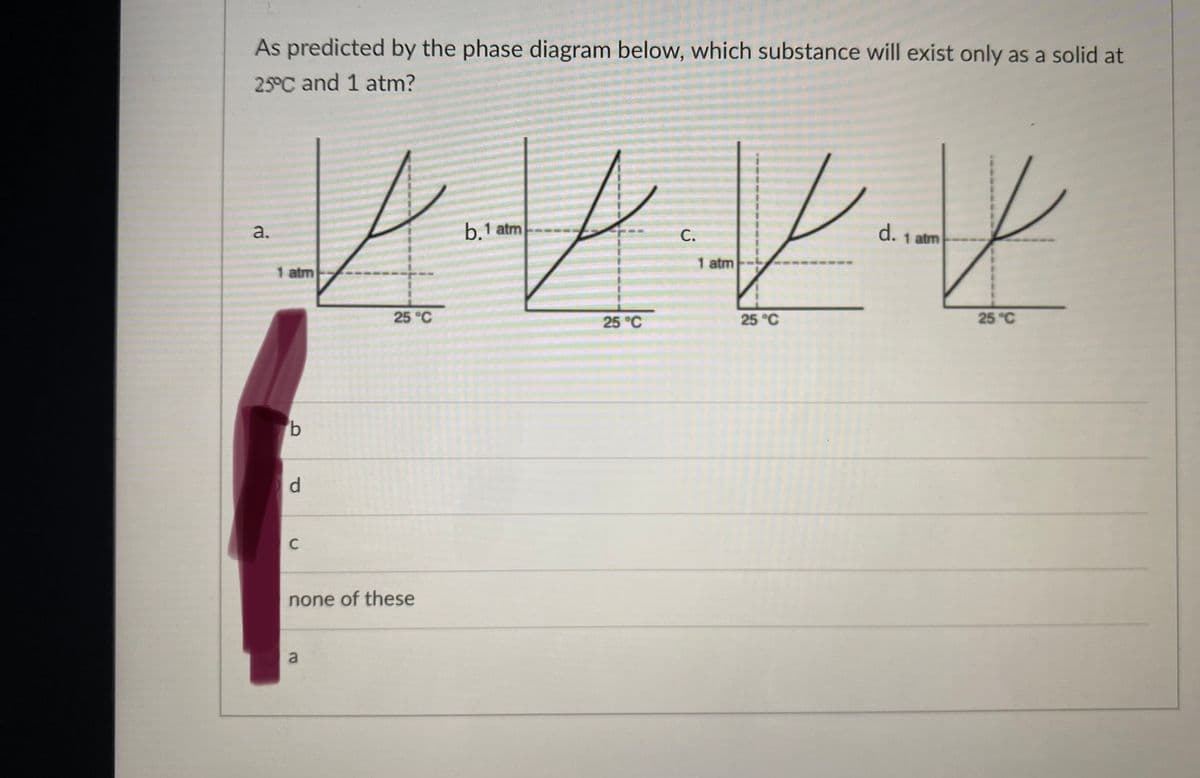 As predicted by the phase diagram below, which substance will exist only as a solid at
25°C and 1 atm?
b.1 atm
d. 1 atm
С.
1 atm
1 atm
25 °C
25 °C
25 °C
25 °C
d.
C
none of these
2.
