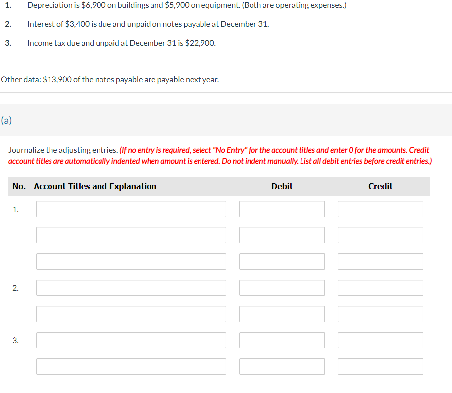 1.
2.
3.
Other data: $13,900 of the notes payable are payable next year.
(a)
Journalize the adjusting entries. (If no entry is required, select "No Entry" for the account titles and enter O for the amounts. Credit
account titles are automatically indented when amount is entered. Do not indent manually. List all debit entries before credit entries.)
Depreciation is $6,900 on buildings and $5,900 on equipment. (Both are operating expenses.)
Interest of $3,400 is due and unpaid on notes payable at December 31.
Income tax due and unpaid at December 31 is $22,900.
No. Account Titles and Explanation
1.
2.
3.
Debit
Credit