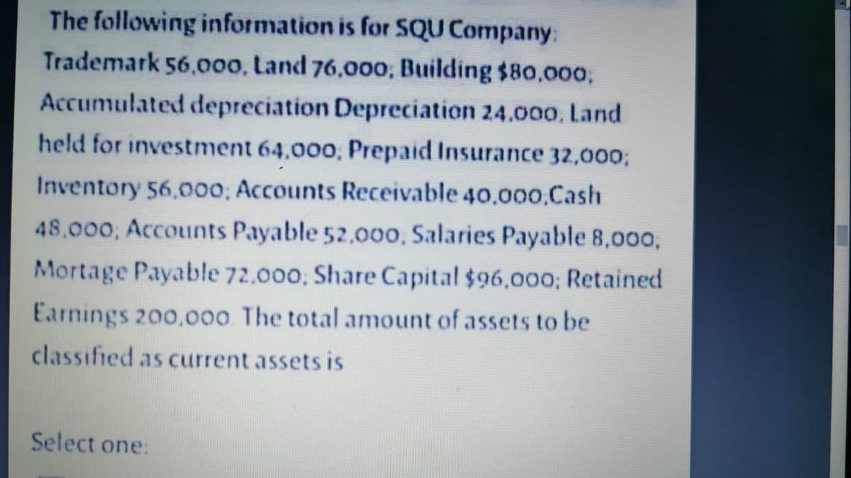 The following information is for SQU Company:
Trademark 56.000, Land 76,00o, Building $80,000,
Accumulated depreciation Depreciation 24.000, Land
held for investment 64,000, Prepaid Insurance 32,000;
Inventory 56,000, Accounts Receivable 40,00o.Cash
48,000, Accounts Payable 52.000, Salaries Payable 8,000,
Mortage Payable 72,000. Share Capital $96,000; Retained
Earnings 200,o00 The total amount of assets to be
classified as current assets is
Select one:
