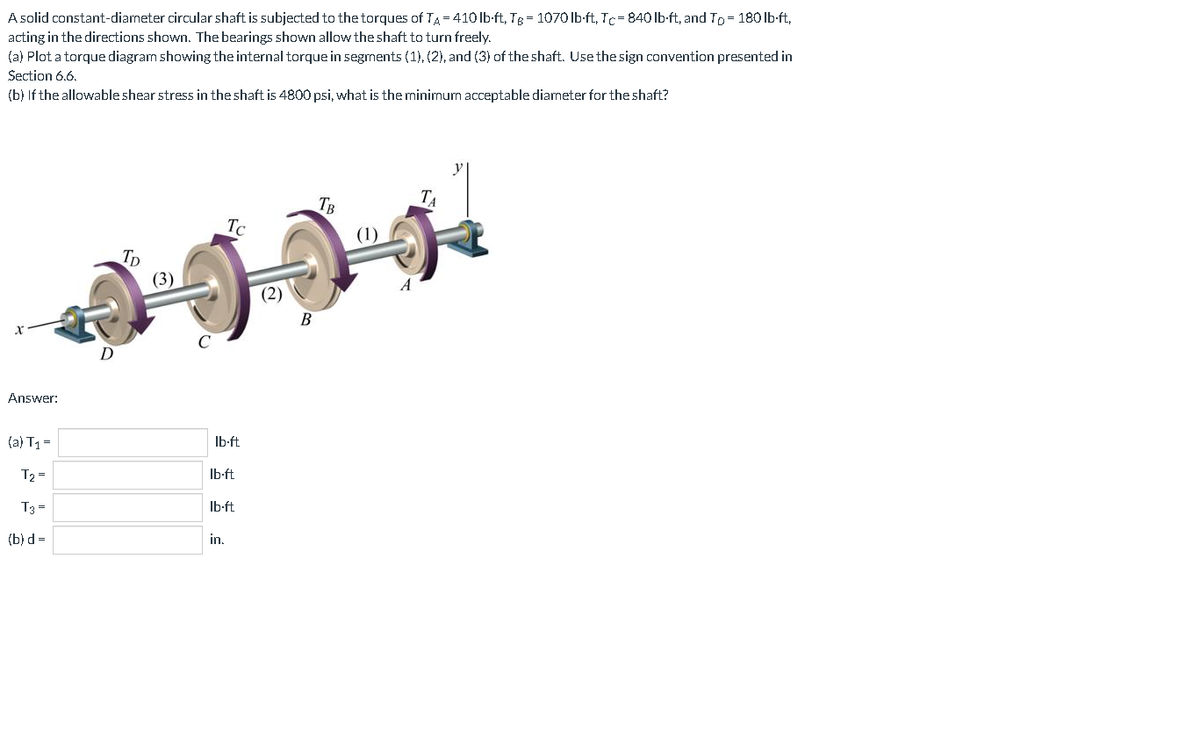 A solid constant-diameter circular shaft is subjected to the torques of TA = 410 lb-ft, Tg = 1070 lb-ft, Tc= 840 lb-ft, and To= 180lb-ft,
acting in the directions shown. The bearings shown allow the shaft to turn freely.
(a) Plot a torque diagram showing the internal torque in segments (1), (2), and (3) of the shaft. Use the sign convention presented in
Section 6.6.
(b) If the allowable shear stress in the shaft is 4800 psi, what is the minimum acceptable diameter for the shaft?
TB
TC
(1)
TD
(3)
A
(2)
B
D
Answer:
(a) T1=
Ib-ft
T2 =
Ib-ft
T3 =
Ib-ft
(b) d =
in.
